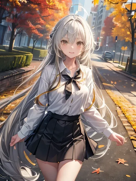 ((masterpiece, Best Quality, 8K CG illustration)), (One girl), (Alone), (Female focus), (Ahoge, Gray Hair, Very long hair), Golden Eyes, Clear Smile】, Open your mouth, ((White shirt), (Buttoned shirt), (Gap Button)), ((Black Skirt), (Short skirt)), standin...