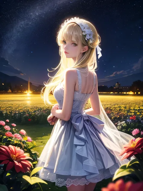 Best Quality, expensive_resolution, clear_image, Detailed Background, girl, flower, garden, Starry Sky,