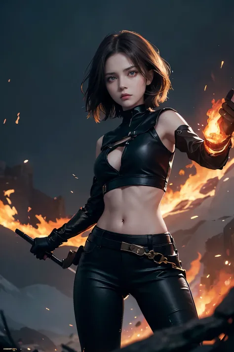 8k, young women, brown hair, short hair, loose black pants, black midriff, fire witch, witch outfit, pelvic curtain, fire fist, long gloves, bandages, adventurer, black clothes, adventure outfit, glowing eyes, glowing pupils, focused, serious look, angry, ...