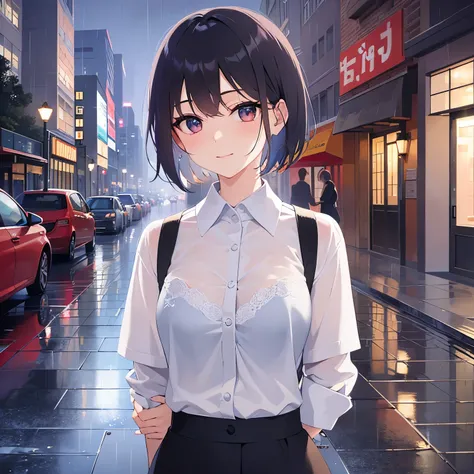 (looking at viewer:1.5),Upper Body,（see-through wet shirt, wet hair：1.5）,
(pale skin:1.2), shiny skin, shiny hair、(A 40-year-old woman:1.5) and (bob cut) and (hair between eyes) and (black hair) and (red eyes), 
(white collared shirt:1.5) ,
smile,
Resident...