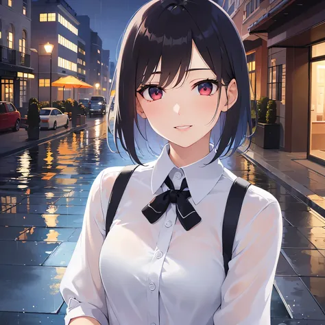 (looking at viewer:1.5),Upper Body,（see-through wet shirt, wet hair：1.5）,
(pale skin:1.2), shiny skin, shiny hair、(A 40-year-old woman:1.5) and (bob cut) and (hair between eyes) and (black hair) and (red eyes), 
(white collared shirt:1.5) ,
smile,
Resident...