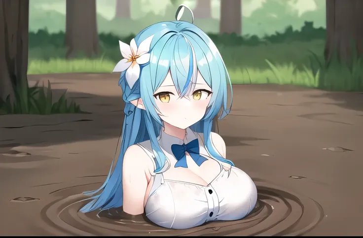 1girl,(adult),(Anxious Face with Sweat Emoji),(detailed_face:1.2),cleavage,messy,(Deep forest),(tree),(swamp),solo,muddy,(8k hd),(big breast),(breast on quicksand),quicksand,long hair,character anime,(partially_submerged),(1girl quicksand),yellow eye,v1.0,...