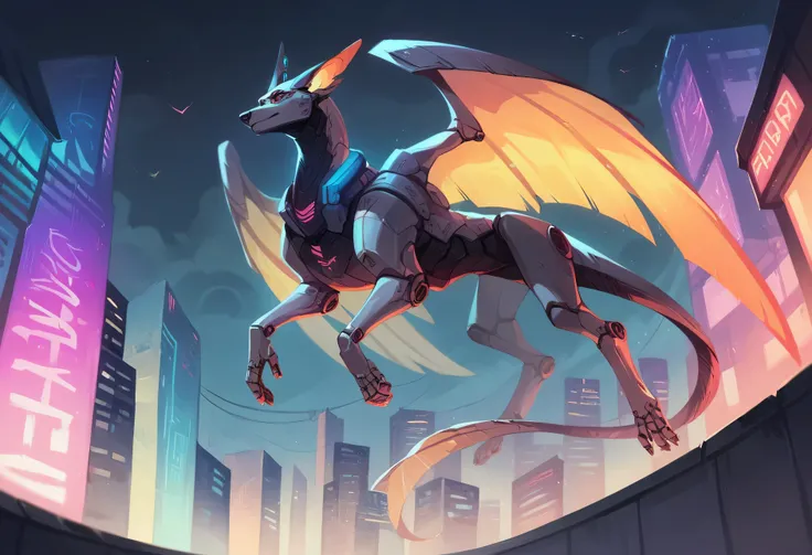 A futuristic scene depicting a flying robotic dog with wings soaring over a vibrant urban cityscape. The robot dog is sleek and metallic, with intricate details highlighting its mechanical features and wings. The city below is filled with tall skyscrapers,...