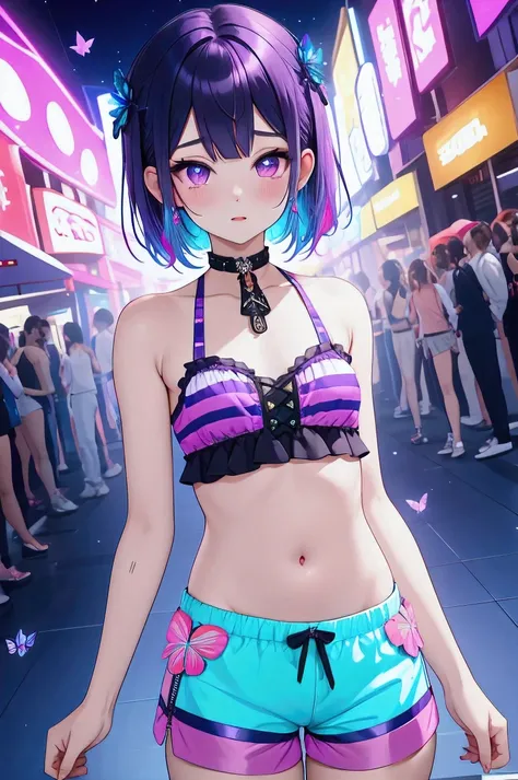 a blurry background with purple, teal, blue and pink vertical neon lights creates a bright atmosphere. a lolita girl with black ...