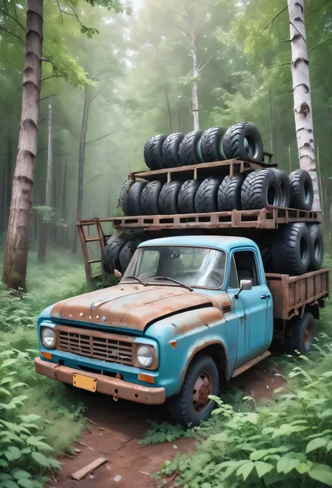 in the forest，picture of a rusty old truck with tires  ,  lost in the forest ,  forgotten .  surrealism, 靈感來自 forgotten , alexey...