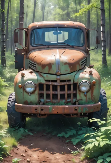 in the forest,Picture of a rusty old truck with tires , Lost in the Forest , Forgotten . Surrealism, 靈感來自 Forgotten , Alexey Yegorov, Abandoned vehicles, philip hodas art style, with tires 、 Vadim Kassin , Busier Rutkoski Andreas Rocha, Highly deta...