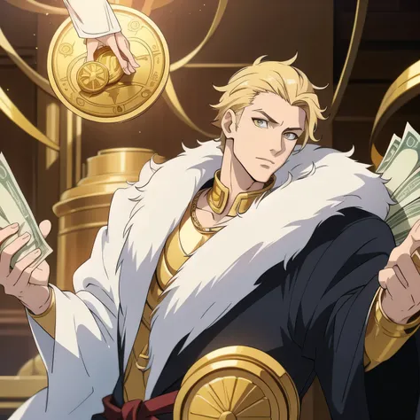 Generate a man, anime style, rich, style of wealth and luxury, white, tall, eyes looking like gold coins, details of money around him