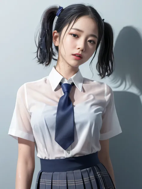 Violet, Gardenias, Rosacea, (masterpiece of the highest quality:1.4), Delicate girl, 、Beautiful short twin tails, close, uniform, White dress shirt, Short sleeve,  Dark Grey Pleated Check Skirt, 8k, 50mm Portrait, RAW Photos, Absurd,  focus on the chest , ...