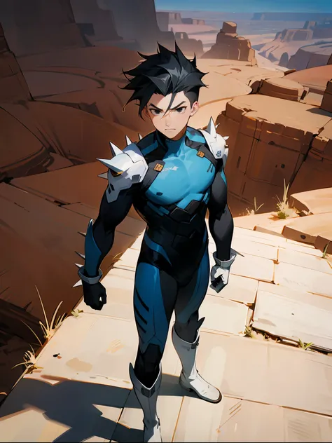 1male , Black Hair , Messy Spiked Hair , Modern Undercut Hair , Slicked Back Hair , Black Eyes , Blue Bodysuit , White Gloves ,White Boots, Muscular Build , Serious Expression , Red Canyon Background , Standing on Path