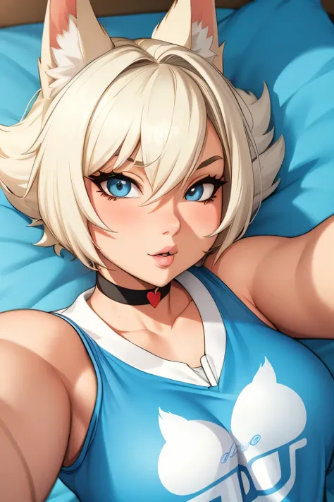 1 adult anime style boy, short white hair, with white fox tail and ears, wearing a Cloud9 e-sports team jersey, with a black choker, 4k, flawless, detailed, best quality, cute, selfie, in bed