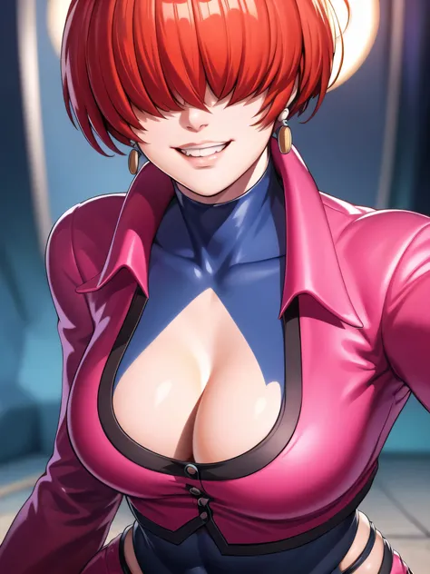 black and thunder background,
Red outfit,Red jacket,choker, cleavage cutout, clothing cutout, 
earrings,close mouth,
Red hair,bangs,((hair over eyes)),
1 girl, 20yo,Young female,upper body,Beautiful body,Beautiful Nose,Beautiful character design, evil face...