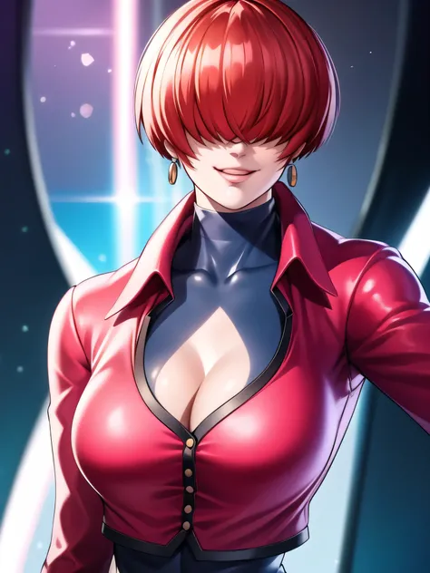 black and thunder background,
Red outfit,Red jacket,choker, cleavage cutout, clothing cutout, 
earrings,close mouth,
Red hair,bangs,((hair over eyes)),
1 girl, 20yo,Young female,upper body,Beautiful body,Beautiful Nose,Beautiful character design, evil face...