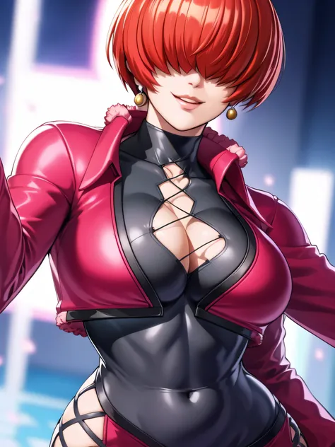 black and thunder background,
Red outfit,Red jacket,choker, cleavage cutout, clothing cutout, 
earrings,close mouth,
Red hair,bangs,((hair over eyes)),
1 girl, 20yo,Young female,upper body,Beautiful body,Beautiful Nose,Beautiful character design, evil face...