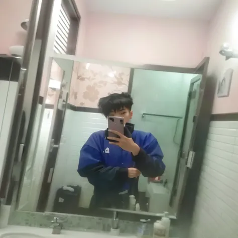 there is a man taking a selfie in a bathroom mirror, in bathroom, by :5 sexy: 7, 2 , very very low quality picture, mirror selfie, 2 , dang my linh, in a bathroom, 2 , low quality photo, 21 years old, 2 , profile picture