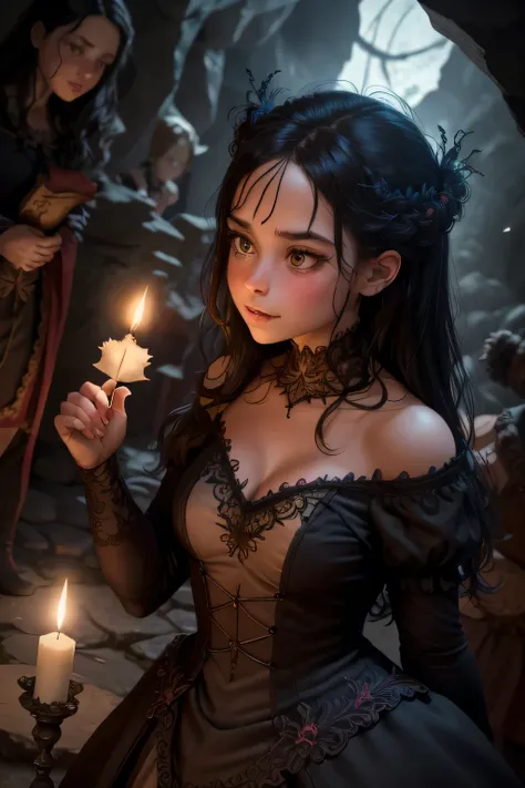 illustration of  girl, dark hair, black eyes, youngest cute face, from the Canterville Ghost, furtively observing a group of followers of the Goddess Freia who are celebrating a forbidden ritual inside a mysterious cave. We are sure that only a talented ar...