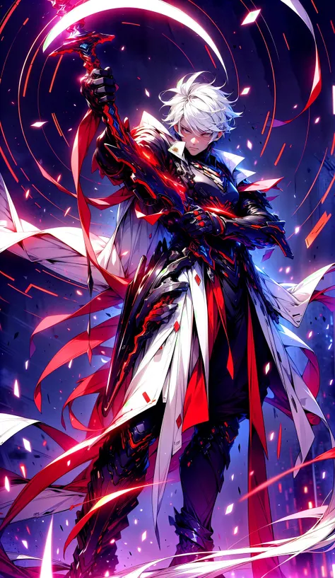 (absurdres, highres, ultra detailed), masterpiece, best quality, a boy in a white jacket, holding a sword, solo, handsome, short hair, white hair, detailed face, combat stance, attack pose, wielding sword pose, abstract background, swirl, spark, magic vort...