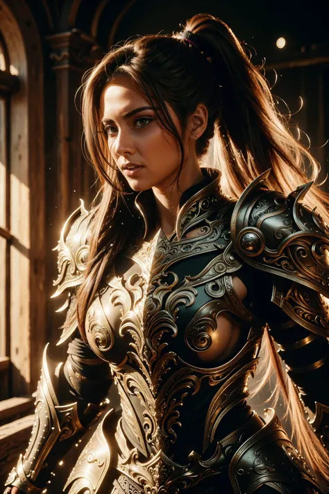 beautiful woman, 29 years old, warrior, intricate detailed armor, chaotic battleground, HD, Super Detailed, Long Hair, Brown Hair, Ponytail, Breasts, muddy sweaty face, Parted Lips, nose piercing, Serious, Determined, Wide Shot, Depth Of Field, Cinematic L...