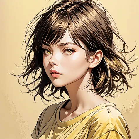 top quality, digital art, artwork, realistic:1.5, (simple ballpoint pen drawing of a girl with side eyes), lyrical atmosphere, e...