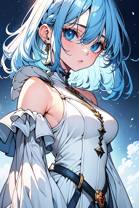 ((Best Quality)), ((masterpiece)), ((upper body)),(detailed),One Girl,Young face,,lovely,Swordsman,Nasty Armor,Light blue hair,(Short Hair),Long stray hair,Thick stray hairs,Smooth Hair,A gentle face,Big Eyes,Round eyes,Droopy eyes,Standing posture,(Front ...