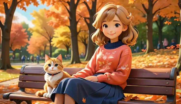 ((Lo-Fi drawing styles:1.5)), A heartwarming, highly detailed 3D-rendered illustration of a young woman in an anime style, sitting on a bench in a peaceful autumn park. She smiles warmly while wearing a vibrant coral sweater and a flowing navy blue skirt, ...