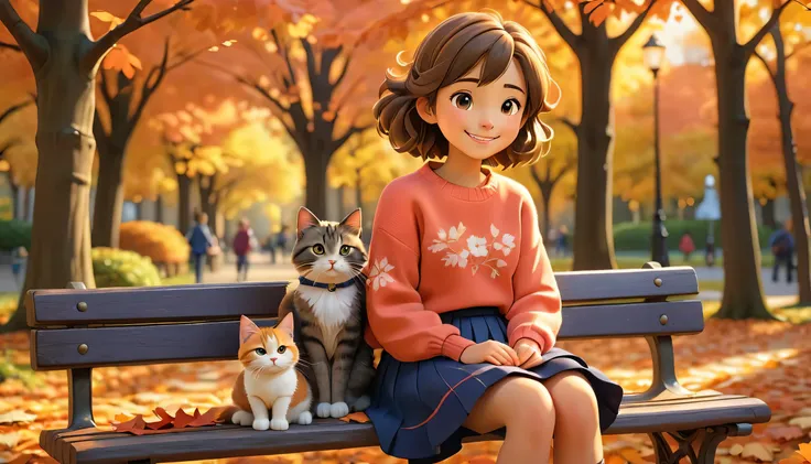 ((Lo-Fi drawing styles:1.5)), A heartwarming, highly detailed 3D-rendered illustration of a young woman in an anime style, sitting on a bench in a peaceful autumn park. She smiles warmly while wearing a vibrant coral sweater and a flowing navy blue skirt, ...