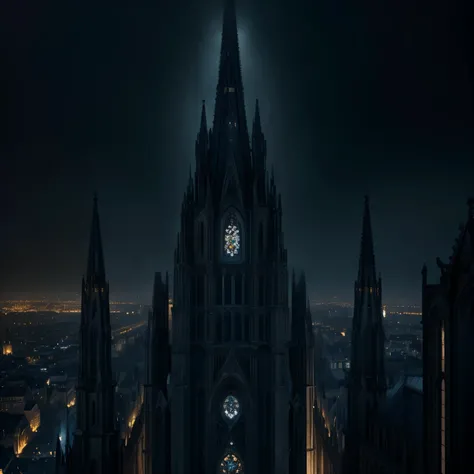 Nocturne in Black,falcons eye view of a gothic cathedral in the middle of a gothic city at night, masterpiece, best quality, (extremely detailed CG unity 8k wallpaper), (best quality), (best illustration), (best shadow), absurdres, realistic lighting, (Aby...