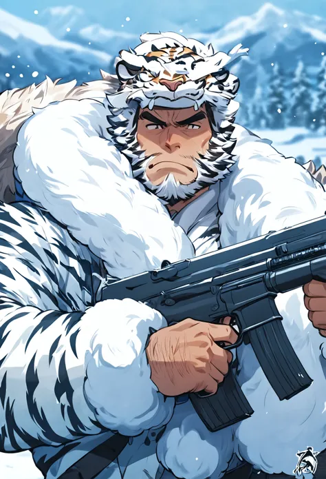 masterpiece, best quality, Tiger beastman, muscular, hairy, snow country, boa jacket, serious face, carrying a gun