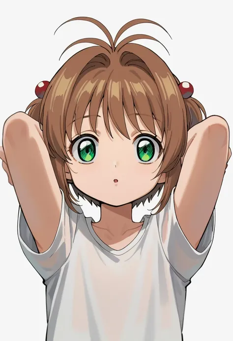 zPDXL2, score_9, score_8_up, score_7_up, score_6_up, score_5_up, score_4_up, source_anime, 1girl, solo, child,
SakuraPony, green eyes, brown hair, short hair, antenna hair, hair intakes, flat chest, hair bobbles,
STANDING, upper body, looking at viewer, ar...