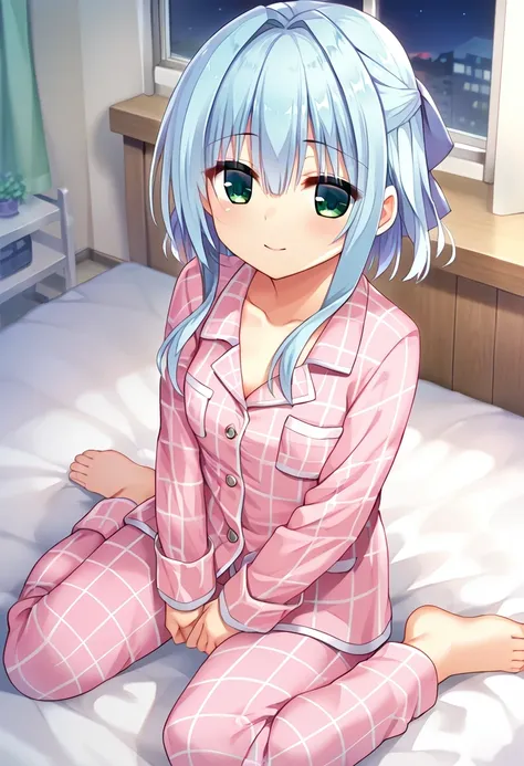 score_9, score_8_up, score_7_up, source_anime,
1girl, solo, 
sitting on bed, wariza, happy,  leaning back,  from above, barefoot, 
indoors, night, curtain, ivory wall, 
 nskasm, short hair with long locks, light blue hair,  hair between eyes,  half updo,  ...