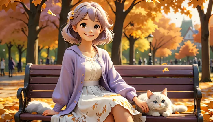 ((Lo-Fi drawing styles:1.5)), A heartwarming, highly detailed 3D-rendered illustration of a young woman in an anime style, sitting on a bench in a peaceful autumn park, wearing a soft lavender cardigan over a flowing white dress. She is smiling warmly, a f...