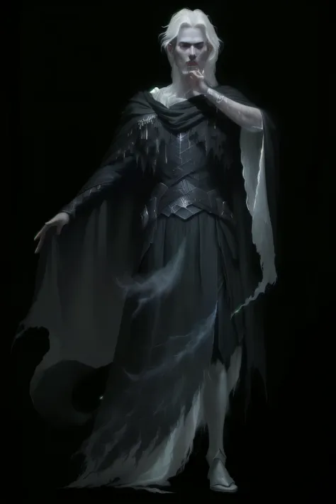 png, white background, whole body, a close up of a man in a black dress with a black cape,  hair made of twinkling ghosts ,  bloodborne concept art , ghostly form,  blood-born monster , young pale ghost girl, dark soul concept art, long dark hair, in a cap...