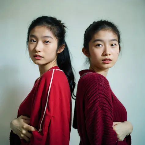 3.

"Japanese twins , In the studio, White background,  almost symmetrical expressions and poses , Best Quality,  simple and minimalistic beauty, Super detailed"