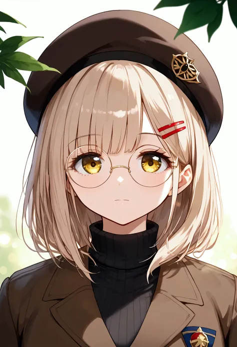 nai3, close up, masterpiece, best quality, bokeh, cute, close up, masterpiece, best quality, bokeh, cute, 1girl, solo, beret, hair clip, beige hair, round eyewear, brown jacket, turtleneck sweater, upper body, looking at viewer, yellow eyes, closed mouth, ...