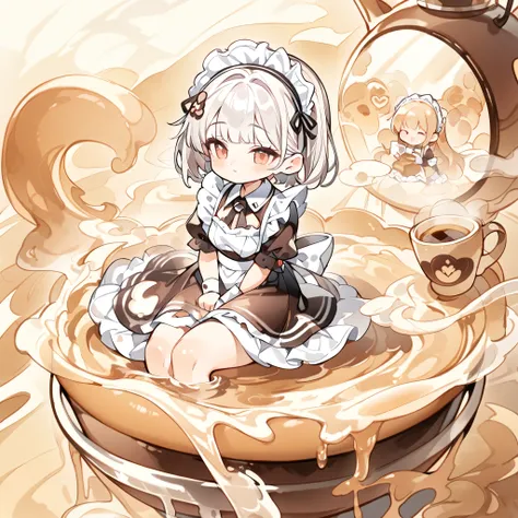 Forward sitting position，Ultra-high quality，Depth of detail，Q version of three heads、Transparent watercolor、Maid，Coffee Sweetheart