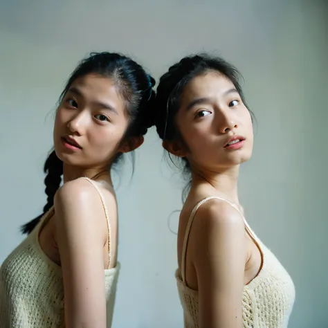 3.

"japanese twins , in the studio, white background,  almost symmetrical expressions and poses , best quality,  simple and min...