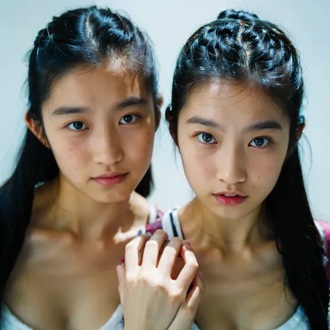 3.

"Japanese twins , In the studio, White background,  almost symmetrical expressions and poses , Best Quality,  simple and minimalistic beauty, Super detailed"