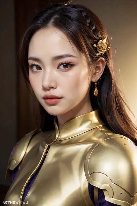 close-up of a woman in a gold and purple dress, chengwei pan on artstation, by yang j, detailed fantasy art, stunning character ...