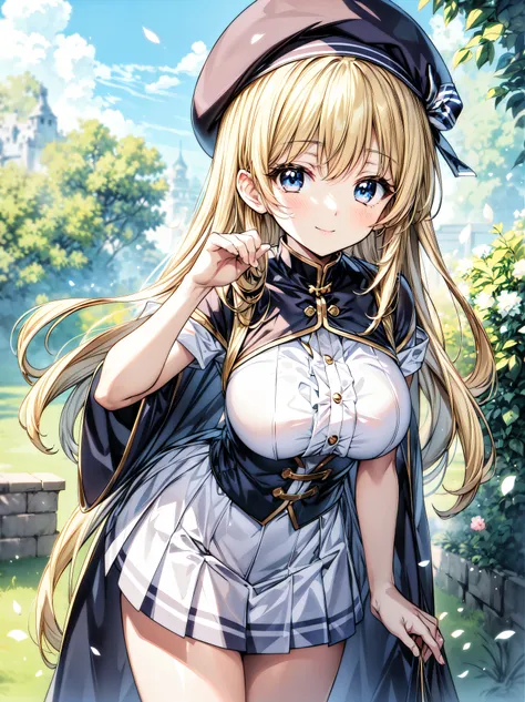 ((ultra hd)), ((super detailed)), ((best quality)), blonde, ((asymmetrical bangs)), kawaii, happy smile, big breasts, breasts fo...