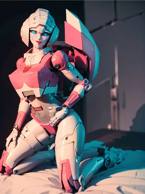 arcee_g1, robot, mecha, autobot, sexy pose, on her knees on a bed, seductive smile, perfect hands