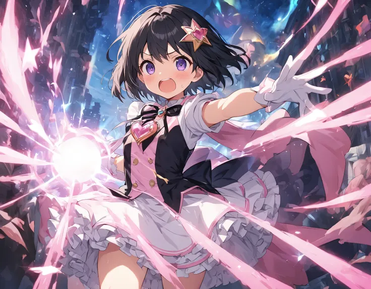  Alone:1. 3 Parks Perfect Human Body :1.3　 Tentacles Monster Magical Girl Fighting Against　  Falling Stars from the Sky :1.3 Dark Parks 　 Star Attack Magical Light Effects :1. 3 Dignified Expression Sweat, Black Hair, Shortcut Hair, Hobby, Black Ribbon, Ma...