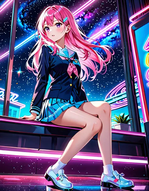 Long pink hair woman, night, neon, galaxy background, neon lights, high school uniform, pleated skirt, minight, sock shoes, (bare legs:1.2), looking away, 4k