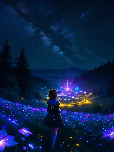 a beautiful girl in a fantasy starry night field, glowing neon fantasy flowers, fireflies throughout, view from below, 4k, best ...