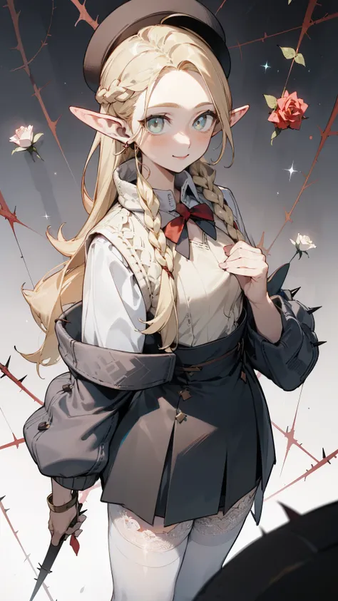  Sweaters with holes in the chest 、 Blonde girl with hat and silver accessories ,Straight Killer Sweaters ，Elegant, Pointed ears ，Waist Length Hair，Smile，Starlight Decoration，White lace stockings，thorns，Rose，Vest line