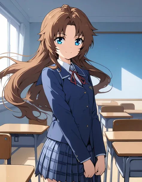 Ai shindou, 1girl, solo, long hair, floating hair, blue skirt, blue uniform, brown hair, long sleeves, blue sea eyes, staring to the side, with smile, happy  expression, plaid skirt, ribbon, cowboy Shot, limp body on her desk School Desk in the room, maste...
