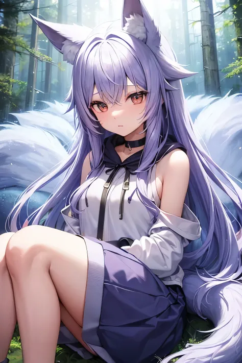 Ice lavender hair、Wolf ears and tail、Brown eyes、Long Hair、In the forest、skirt、Neck warmer、hoodie（both hands、Both legs、Five Fingers、No distorted limbs、No fingers connected、）
