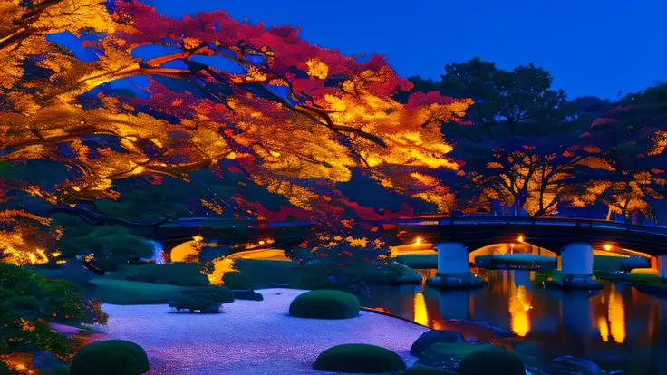 high image quality、high resolution、autumn leaves、japanese garden at night、light up、crescent moon、