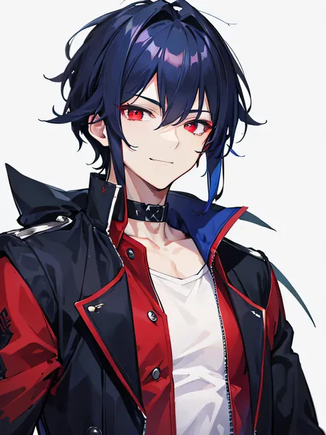 A handsome man, demon, smiling, red crimson eyes color, dark blue hair color, jacket, white T-shirt, black choker