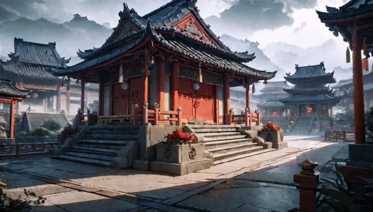 beautiful scene, white stone shrine in the center red roses around the shrine, journey to the west, chinese architecture, crcular building,aesteticly pleasing view, foggy weather, cloudy skies, grey light, dim light, wide shot, atmospheric perspective, per...