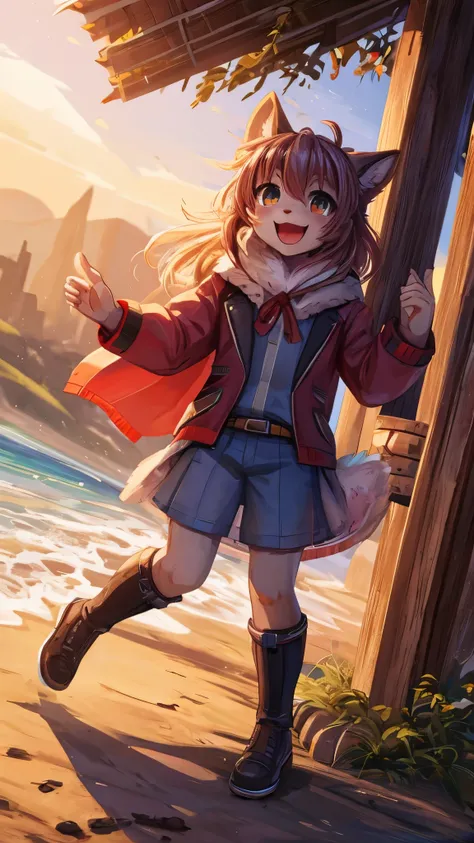 cover page, super high resolution, detailed background, seaside, boy, girl, Happy, joyful, absurdres(Photos of solo travelers)(kemono, furry anthro)cinematic lighting, good shadow,