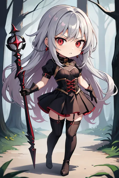 (chibi: 1.5), necromancer, 1woman, adult woman, 3, red eyes, long hair, wavy hair, gray hair, earrings, gloves, annoyed, medium breastst, skinny body, shapewear, black thighhighs, thigh high boots, holding, necromancers staff, (sunlight), (bloom), forest, ...